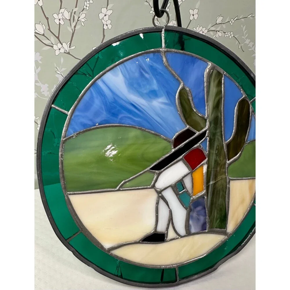 Vintage Southwestern Stained Glass Suncatcher - Siesta Desert Scene